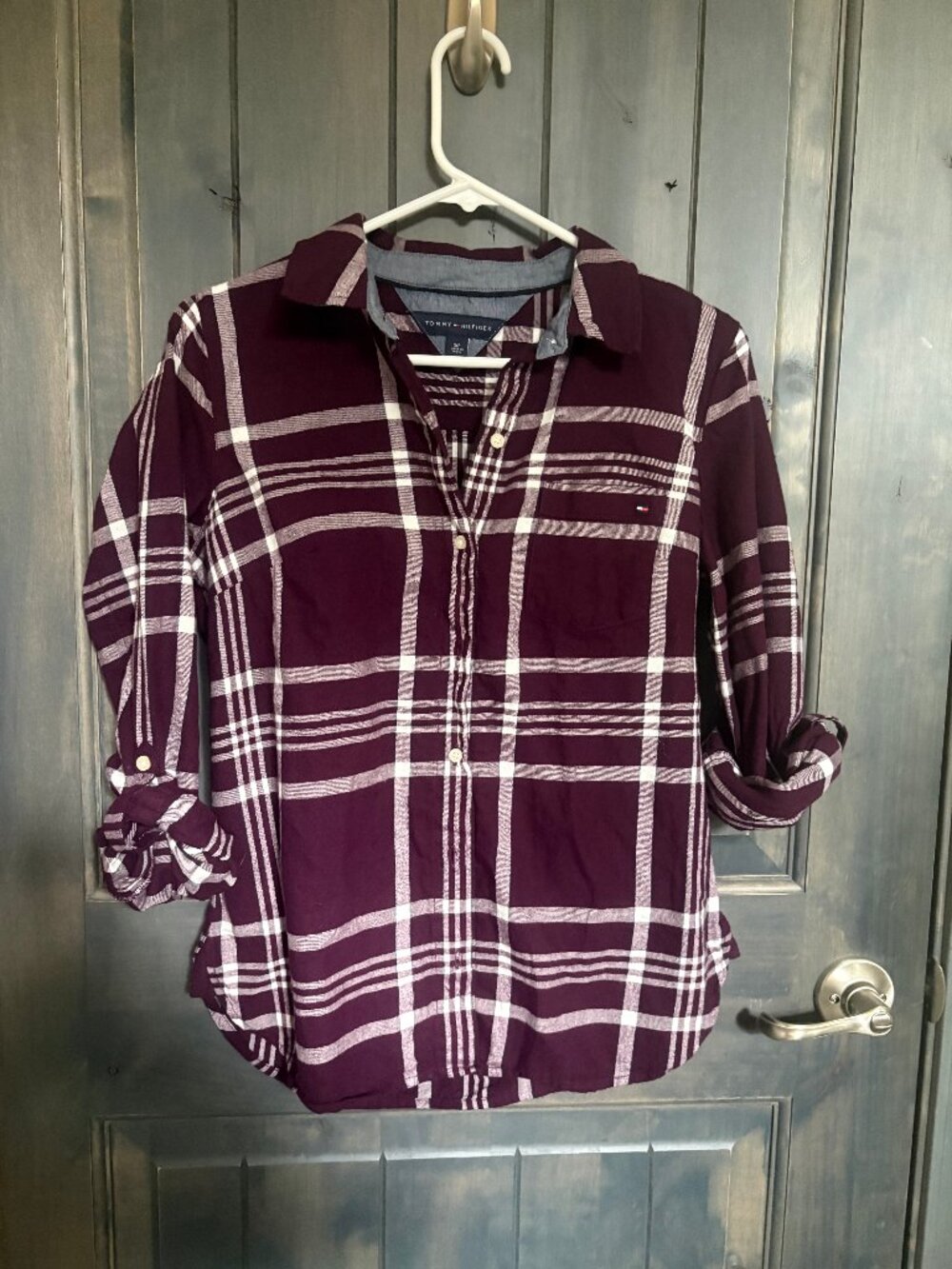 Tommy Hilfiger Women's Purple Plaid Flannel Long Sleeve Button Collar Size S